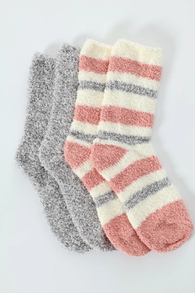 2 Pack Cosy Stripe Socks - Grey/Pink