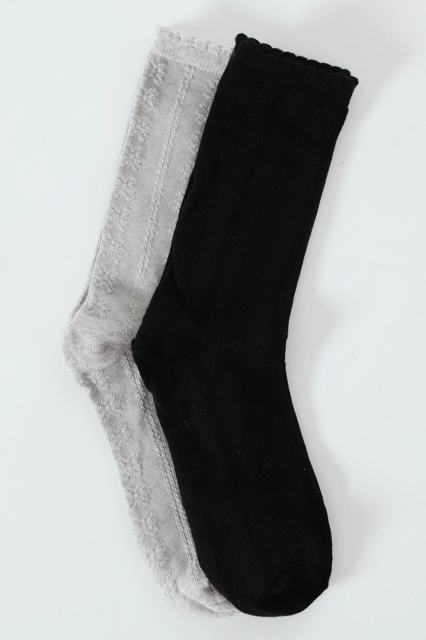 2 Pack Jacquard Flowers Crew Socks - Black/Grey
