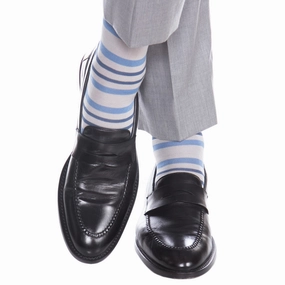 Ash with Azure Blue and Indigo Blue Double Stripe Cotton Sock Linked Toe OTC