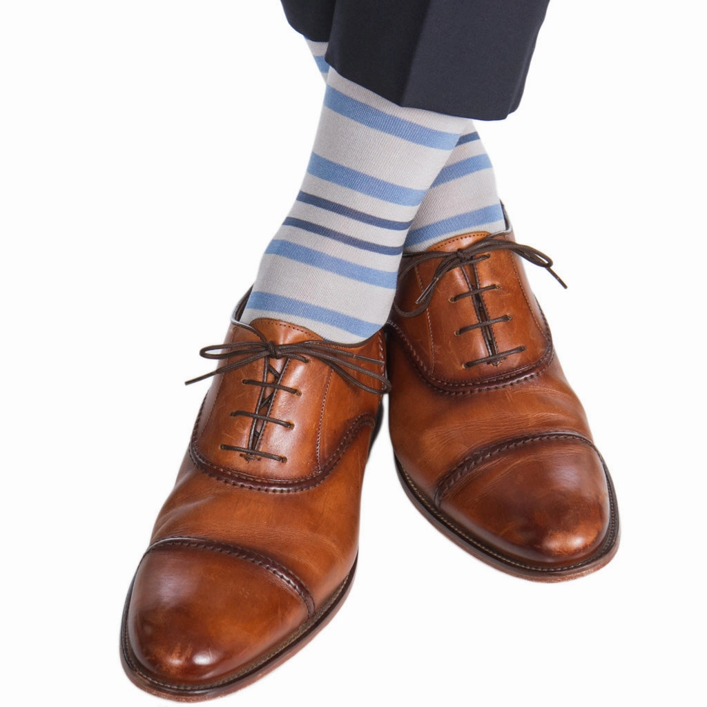 Ash with Azure Blue and Indigo Blue Double Stripe Cotton Sock Linked Toe OTC