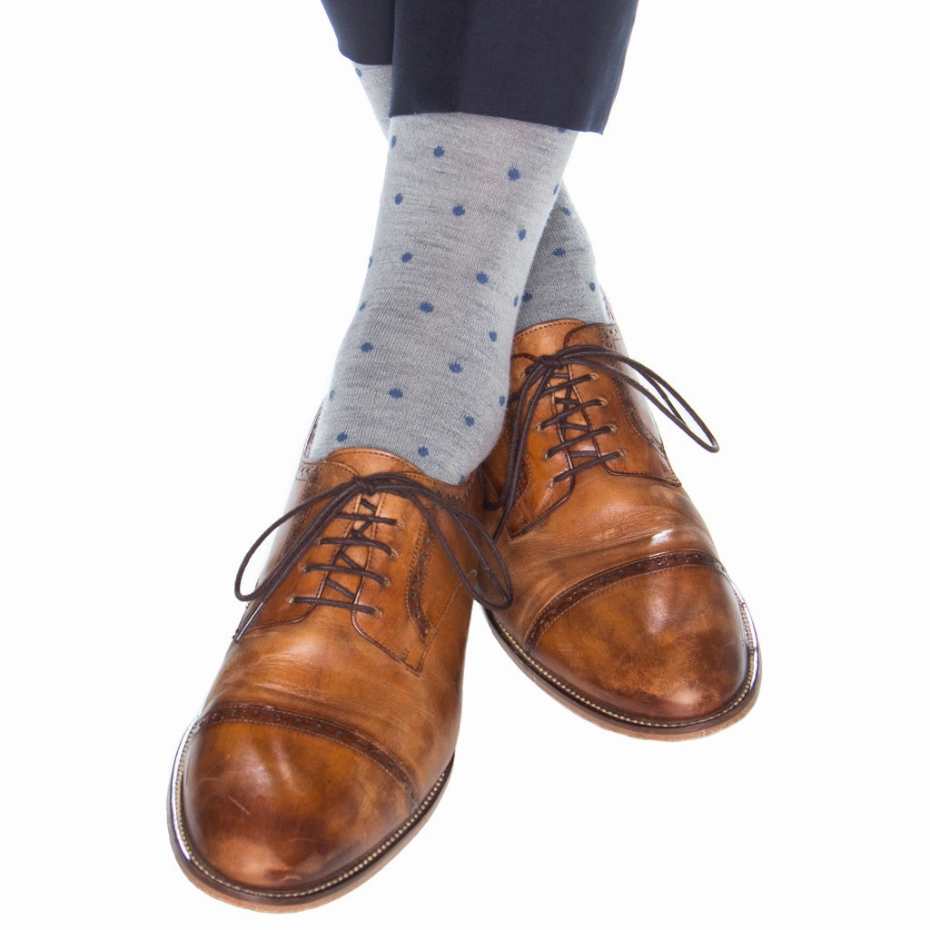 Ash with Bay Blue Dots and Bay Blue Tipping Fine Merino Wool Sock Linked Toe OTC