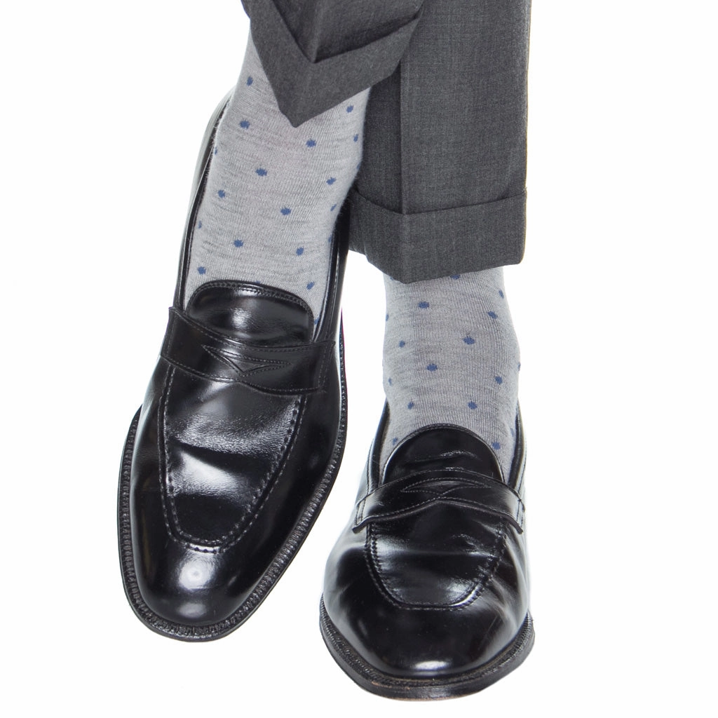 Ash with Bay Blue Dots and Bay Blue Tipping Fine Merino Wool Sock Linked Toe OTC