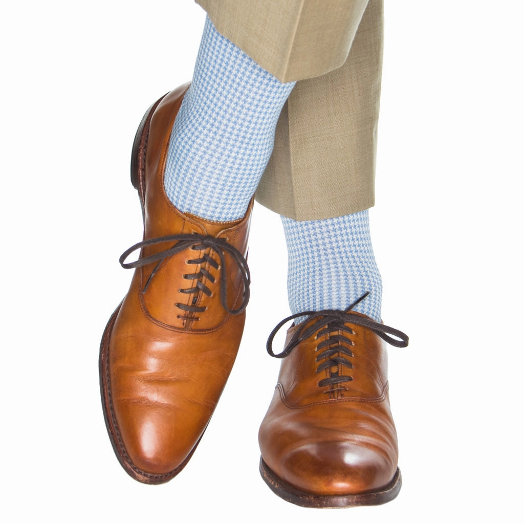 Azure Blue And Cream Houndstooth Cotton Sock Mid-Calf