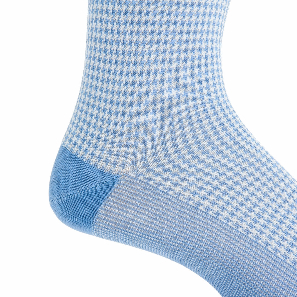 Azure Blue And Cream Houndstooth Cotton Sock Mid-Calf