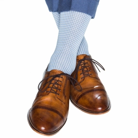 Azure Blue And Cream Houndstooth Cotton Sock Mid-Calf