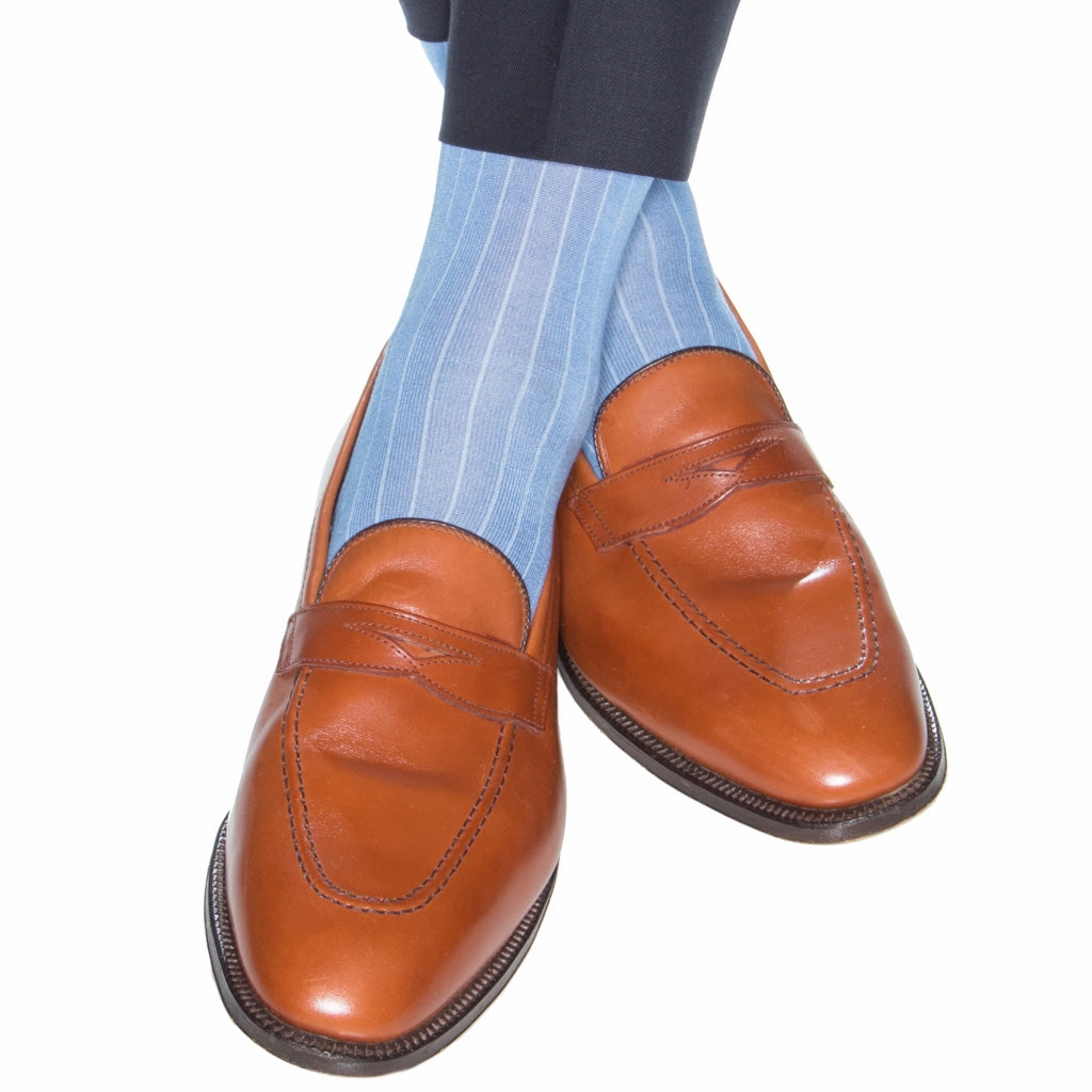 Azure Blue Solid Ribbed Cotton Sock Linked Toe OTC