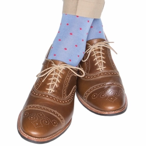 Azure Blue with Coral Dot Sock Cotton Linked Toe Mid-Calf