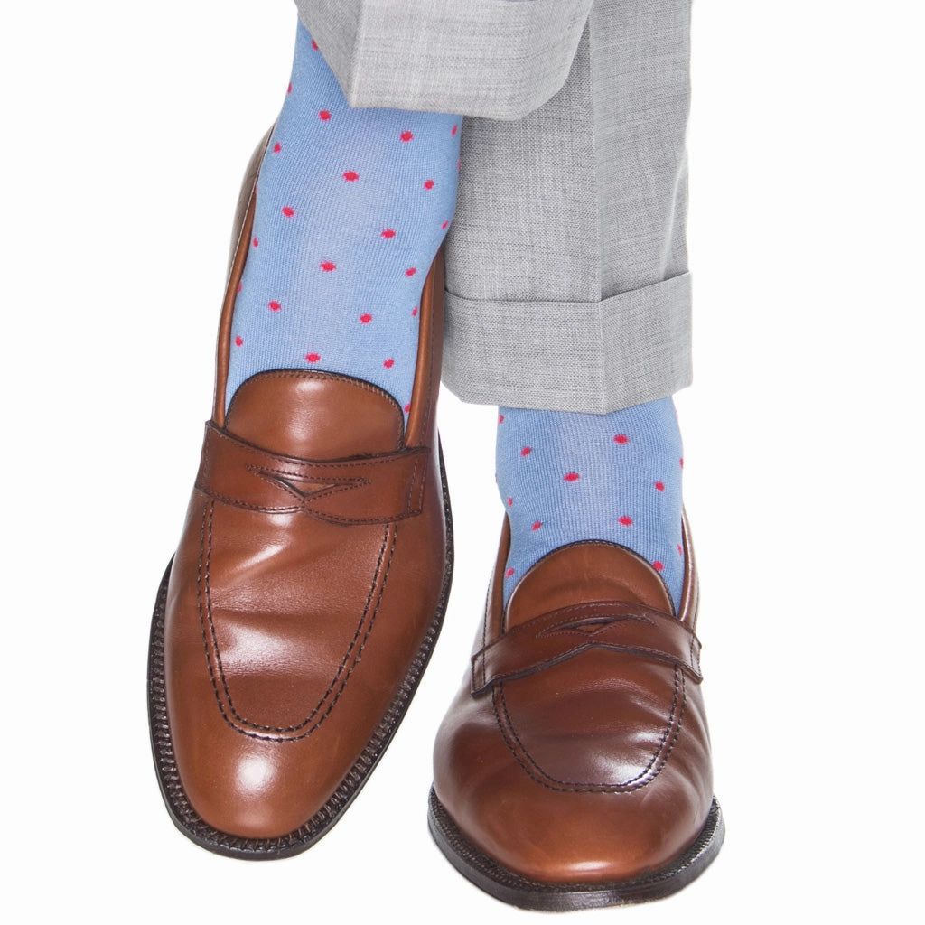 Azure Blue with Coral Dot Sock Cotton Linked Toe Mid-Calf