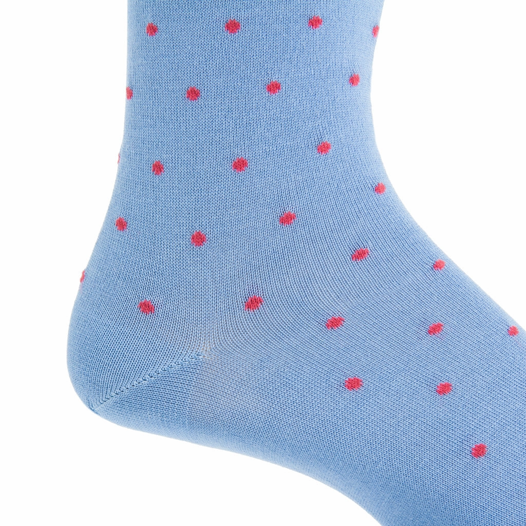 Azure Blue with Coral Dot Sock Cotton Linked Toe Mid-Calf