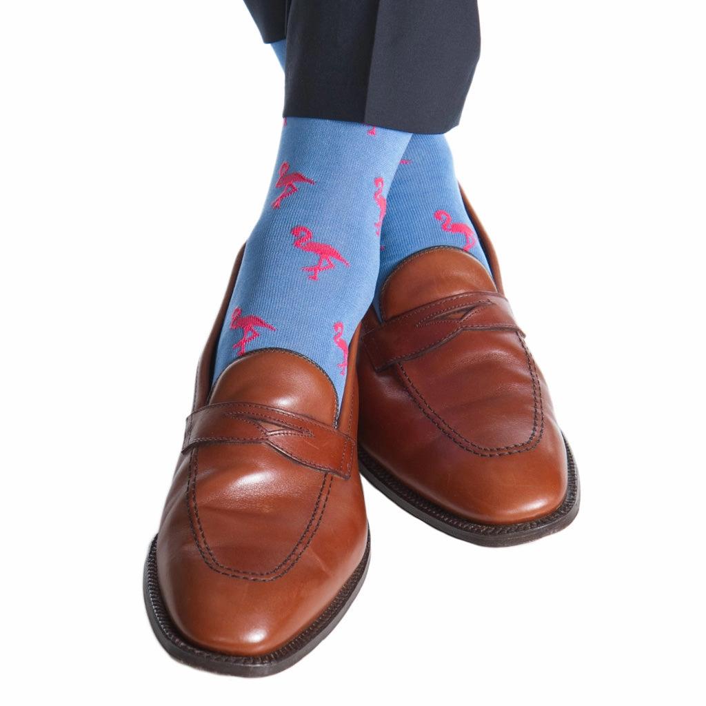 Azure Blue with Coral Flamingo Cotton Sock Linked Toe OTC