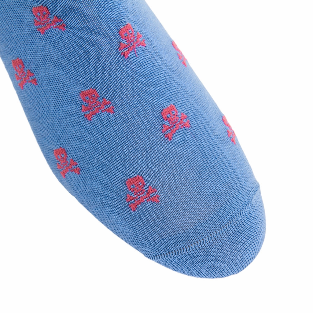 Azure Blue with Coral Skull and Crossbones Cotton Sock Linked Toe OTC