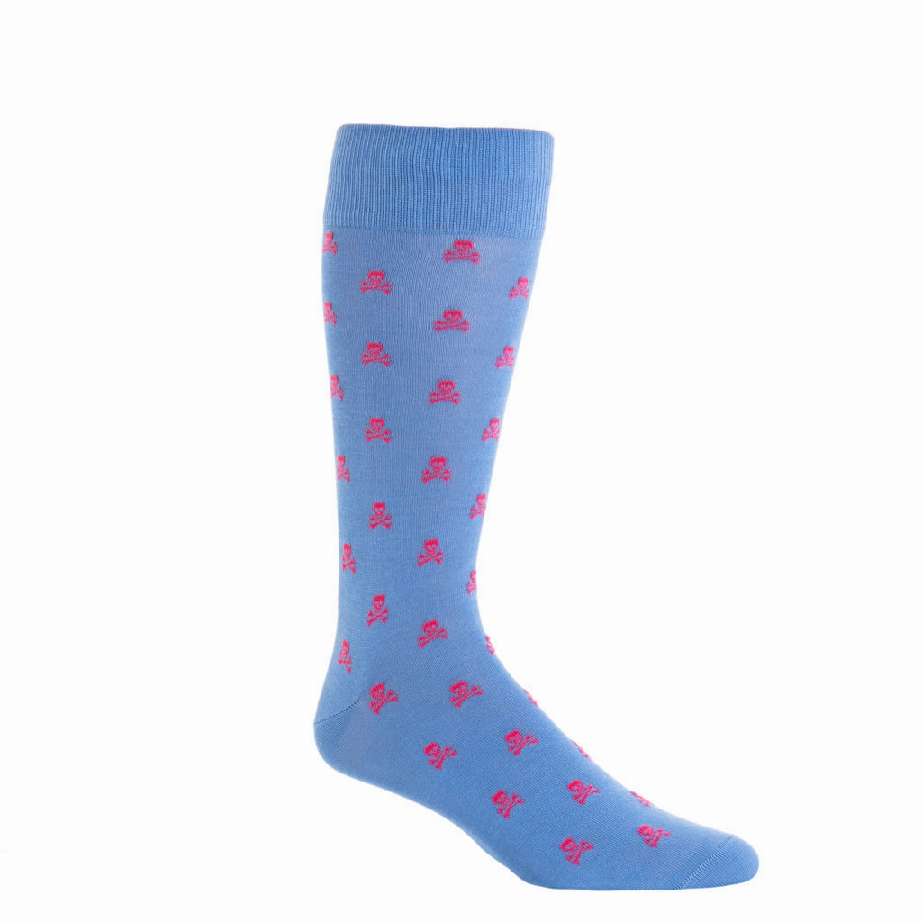 Azure Blue with Coral Skull and Crossbones Cotton Sock Linked Toe OTC