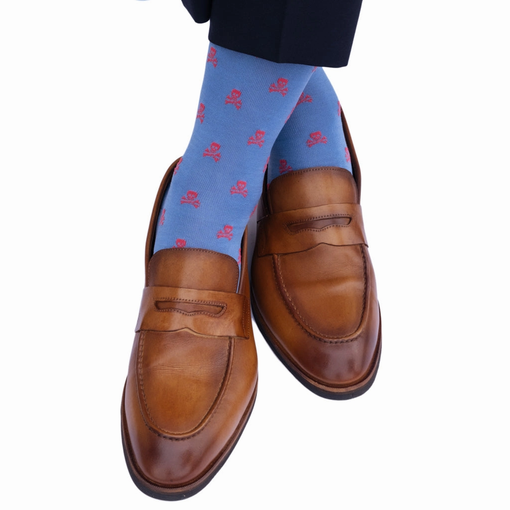 Azure Blue with Coral Skull and Crossbones Cotton Sock Linked Toe OTC