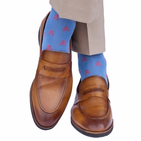 Azure Blue with Coral Skull and Crossbones Cotton Sock Linked Toe OTC