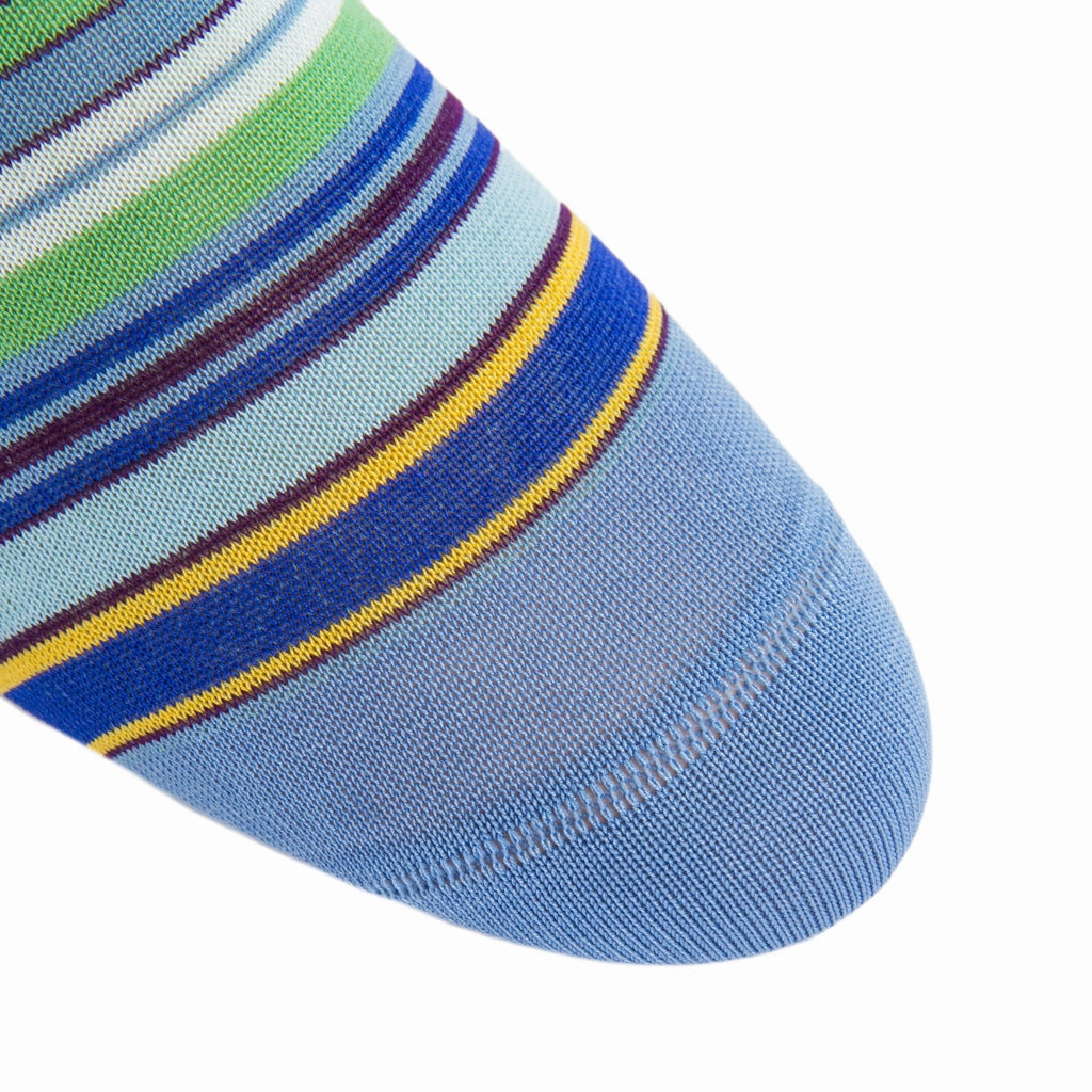 Azure Blue with Grass Green, Yolk, Sky Blue, Navy and Cream Stripe Cotton Sock Linked Toe Mid-Calf