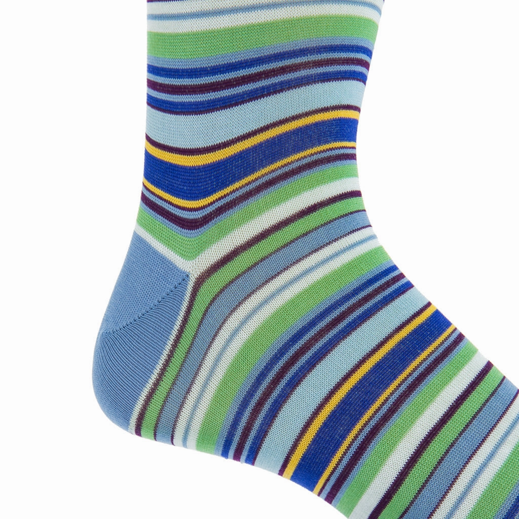 Azure Blue with Grass Green, Yolk, Sky Blue, Navy and Cream Stripe Cotton Sock Linked Toe Mid-Calf