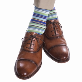 Azure Blue with Grass Green, Yolk, Sky Blue, Navy and Cream Stripe Cotton Sock Linked Toe Mid-Calf