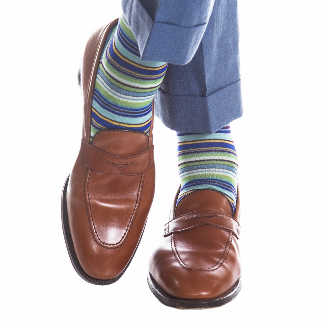 Azure Blue with Grass Green, Yolk, Sky Blue, Navy and Cream Stripe Cotton Sock Linked Toe Mid-Calf