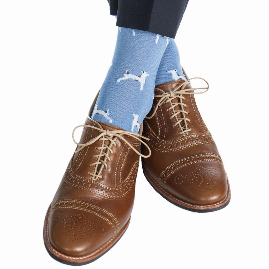 Azure Blue with White and Brown Dog Cotton Sock Linked Toe OTC