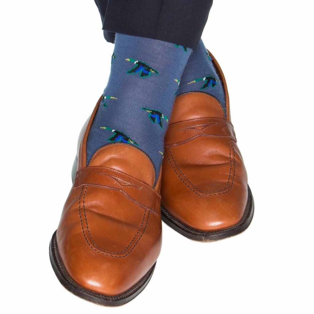 Bay Blue with Taupe, Cream, Emerald Green, Clematis Blue and Black Flying Mallard Fine Merino Wool Sock Linked Toe OTC