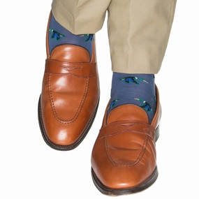 Bay Blue with Taupe, Cream, Emerald Green, Clematis Blue and Black Flying Mallard Fine Merino Wool Sock Linked Toe OTC