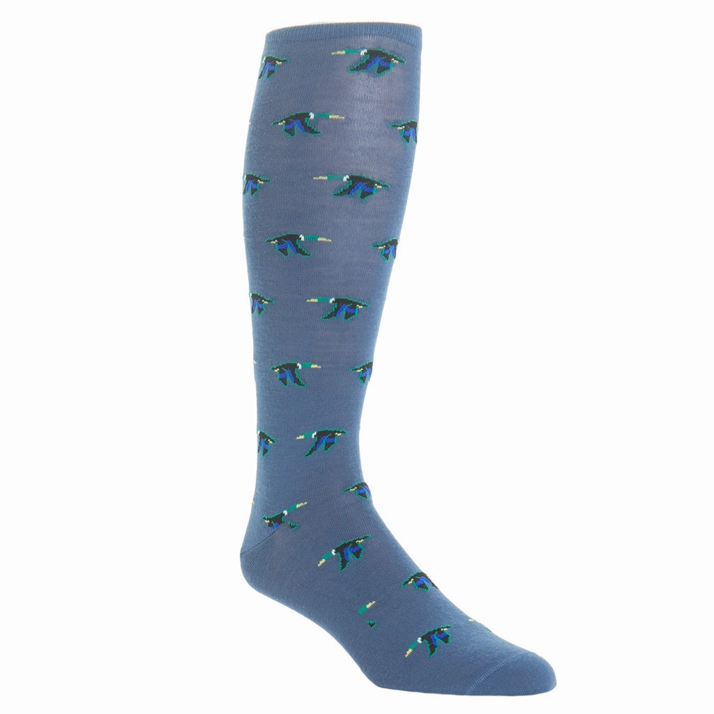 Bay Blue with Taupe, Cream, Emerald Green, Clematis Blue and Black Flying Mallard Fine Merino Wool Sock Linked Toe OTC