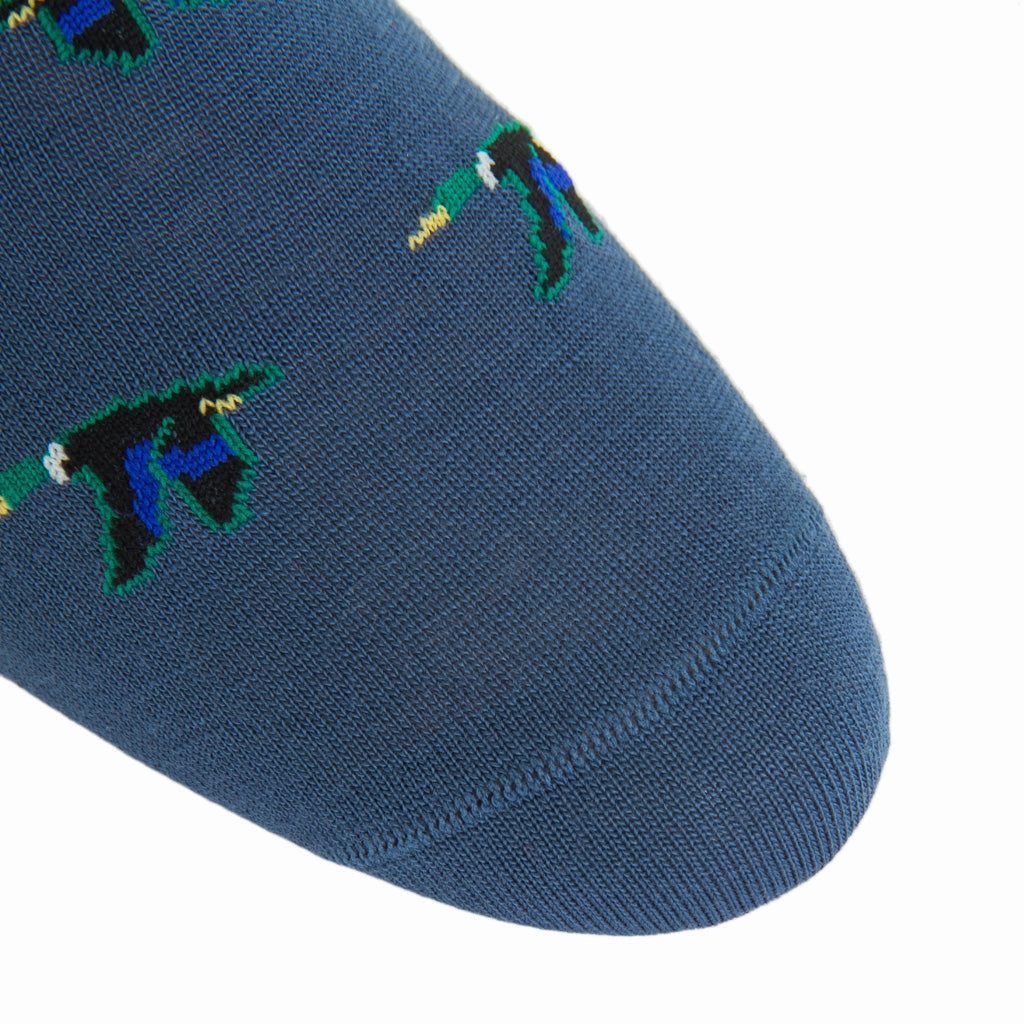 Bay Blue with Taupe, Cream, Emerald Green, Clematis Blue and Black Flying Mallard Fine Merino Wool Sock Linked Toe OTC