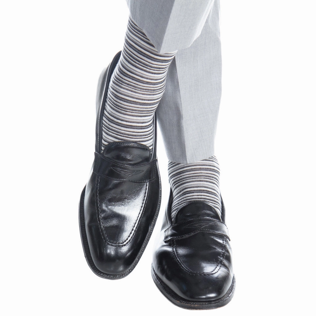Black with Charcoal, Ash and White Variegated Stripe Fine Merino Wool Sock Linked Toe OTC