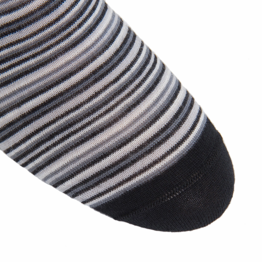 Black with Charcoal, Ash and White Variegated Stripe Fine Merino Wool Sock Linked Toe OTC
