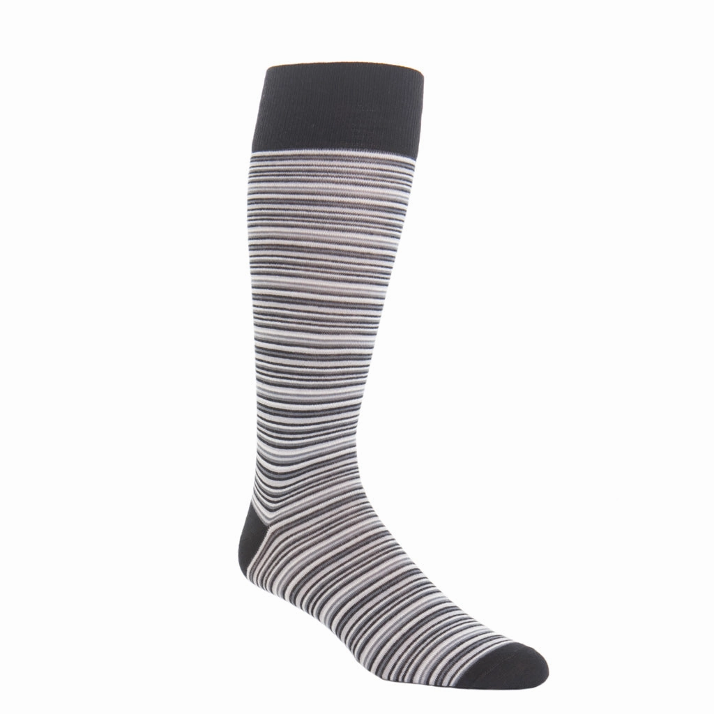 Black with Charcoal, Ash and White Variegated Stripe Fine Merino Wool Sock Linked Toe OTC