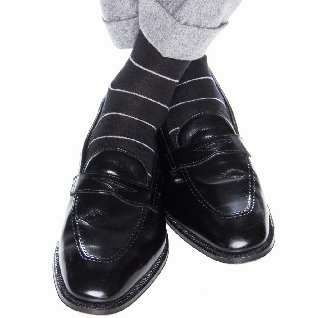 Black with Gray Narrow Stripe Fine Merino Wool Sock Linked Toe OTC