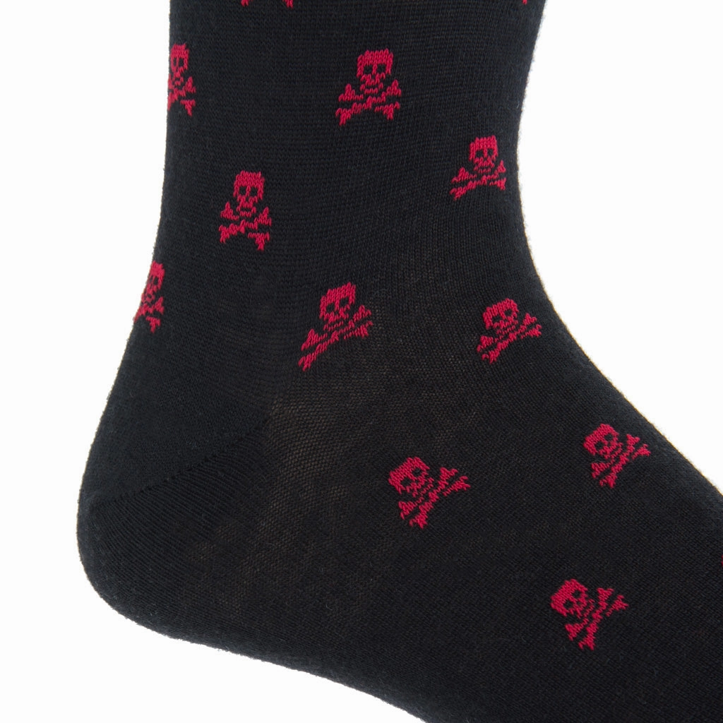 Black with Red Skull and Crossbones Fine Merino Wool Sock Linked Toe Mid-Calf