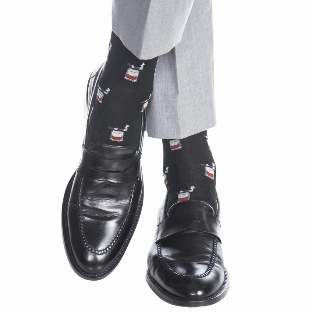 Black with Whiskey Brown, Ash, and Red Bourbon with Cigar Cotton Sock Linked Toe Mid-Calf