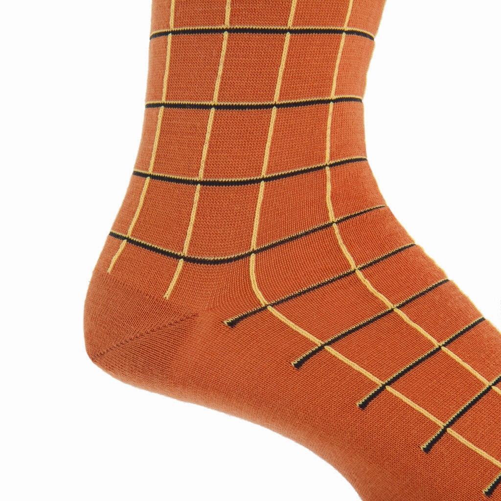 Burnt Orange with Yolk and Black Window Pane Fine Merino Wool Sock Linked Toe Mid-Calf