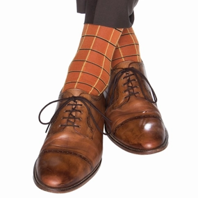 Burnt Orange with Yolk and Black Window Pane Fine Merino Wool Sock Linked Toe Mid-Calf