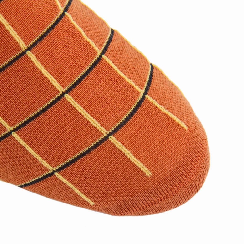 Burnt Orange with Yolk and Black Window Pane Fine Merino Wool Sock Linked Toe Mid-Calf