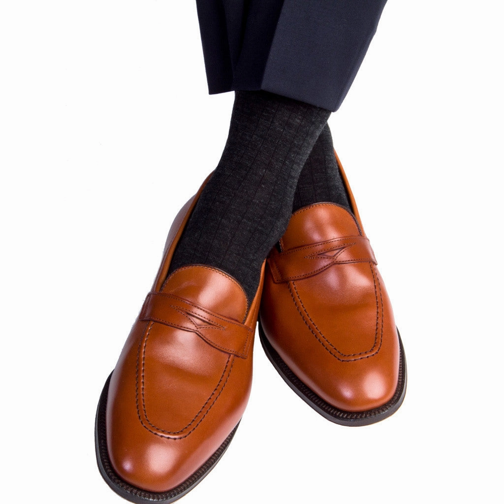 Charcoal Solid Ribbed Fine Merino Wool Sock Linked Toe OTC