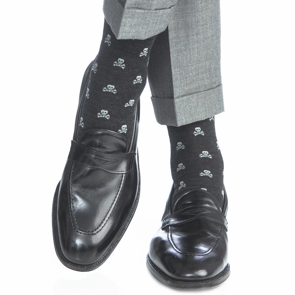 Charcoal with Ash Skull and Crossbones Fine Merino Wool Sock Linked Toe OTC