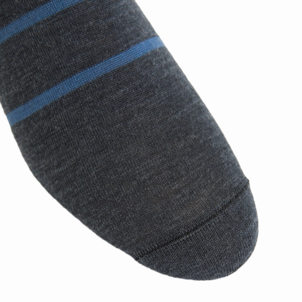 Charcoal with Bay Blue Stripe Fine Merino Wool Sock Linked Toe Mid-Calf