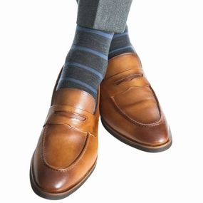 Charcoal with Bay Blue Stripe Fine Merino Wool Sock Linked Toe Mid-Calf