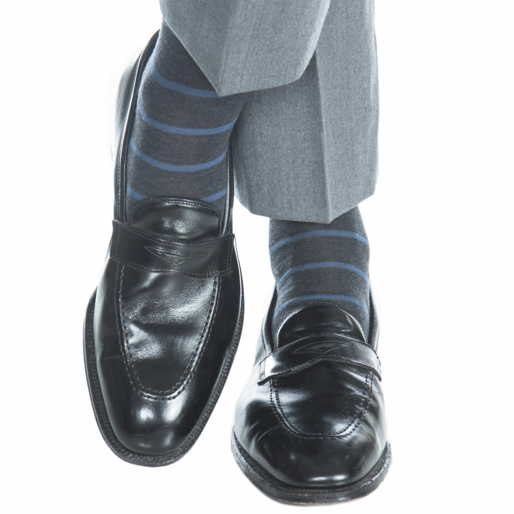 Charcoal with Bay Blue Stripe Fine Merino Wool Sock Linked Toe Mid-Calf