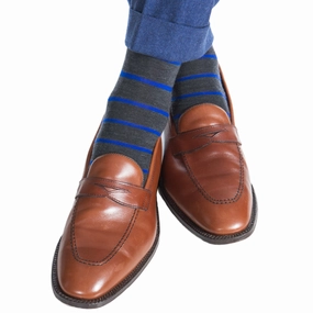 Charcoal with Cobalt Blue Stripe Fine Merino Wool Sock Linked Toe Mid Calf