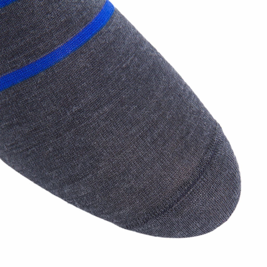 Charcoal with Cobalt Blue Stripe Fine Merino Wool Sock Linked Toe Mid Calf