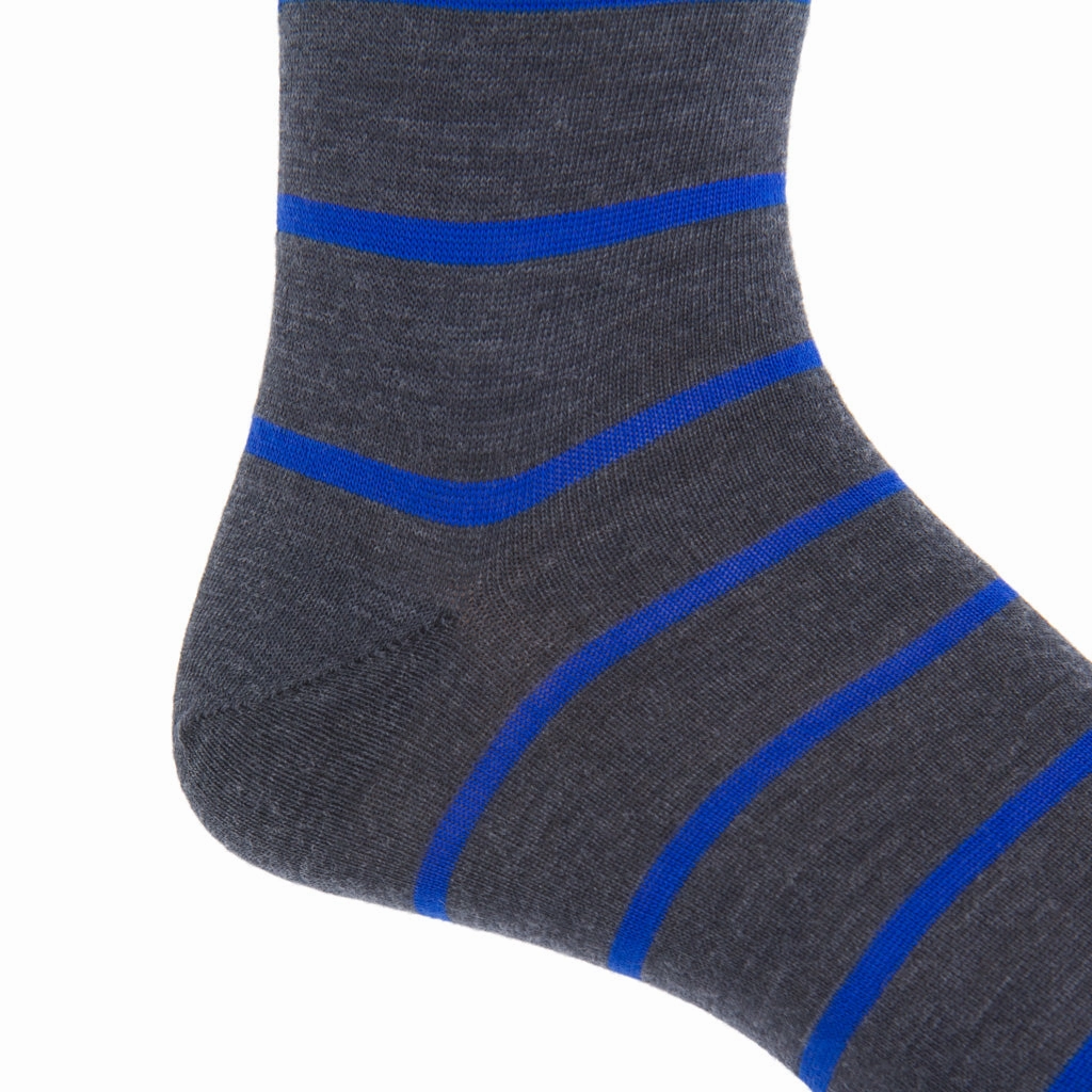 Charcoal with Cobalt Blue Stripe Fine Merino Wool Sock Linked Toe Mid Calf