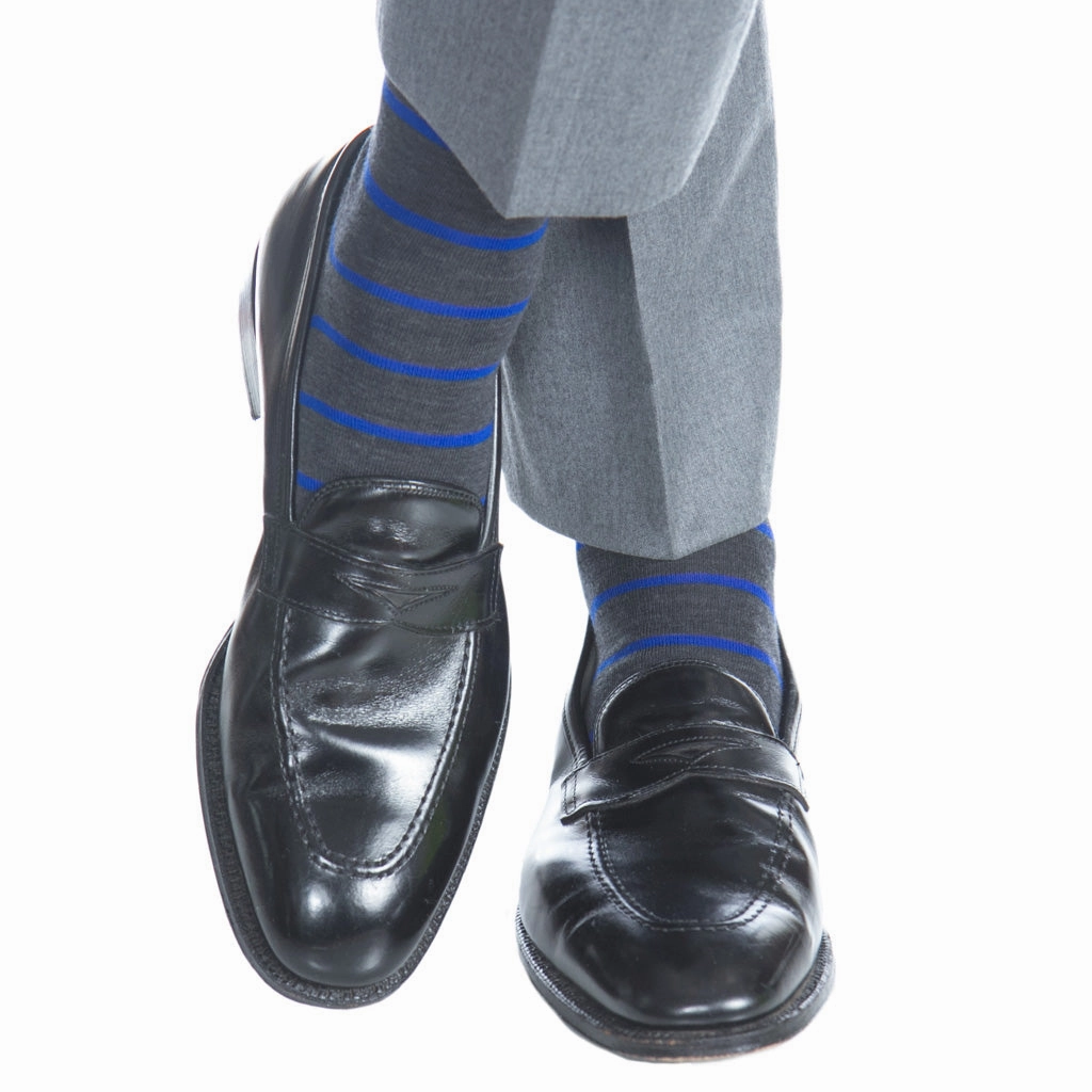 Charcoal with Cobalt Blue Stripe Fine Merino Wool Sock Linked Toe Mid Calf
