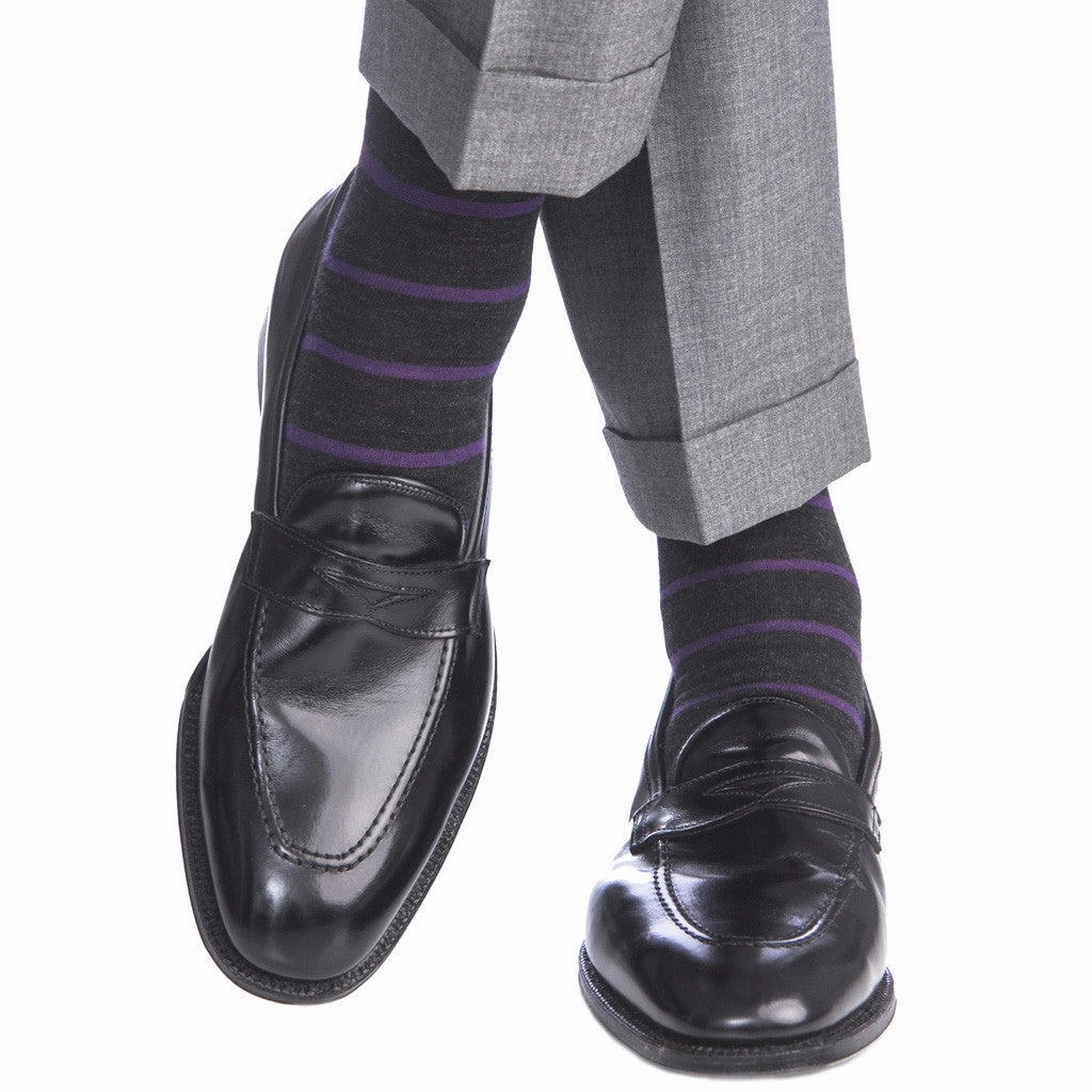 Charcoal with Purple Stripe Fine Merino Wool Sock Linked Toe OTC