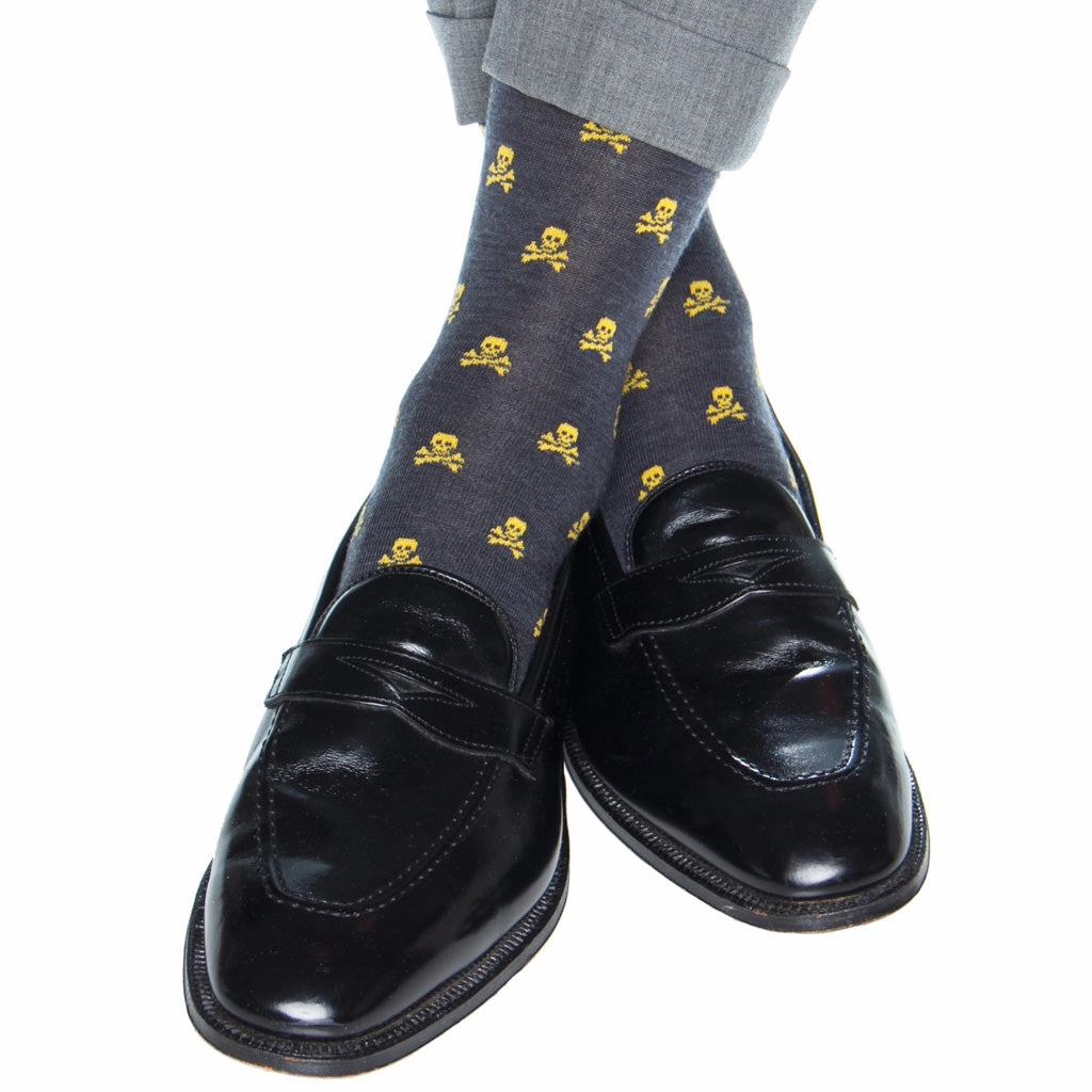Charcoal with Saffron Skull and Crossbones Fine Merino Wool Sock Linked Toe OTC