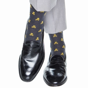 Charcoal with Saffron Skull and Crossbones Fine Merino Wool Sock Linked Toe OTC