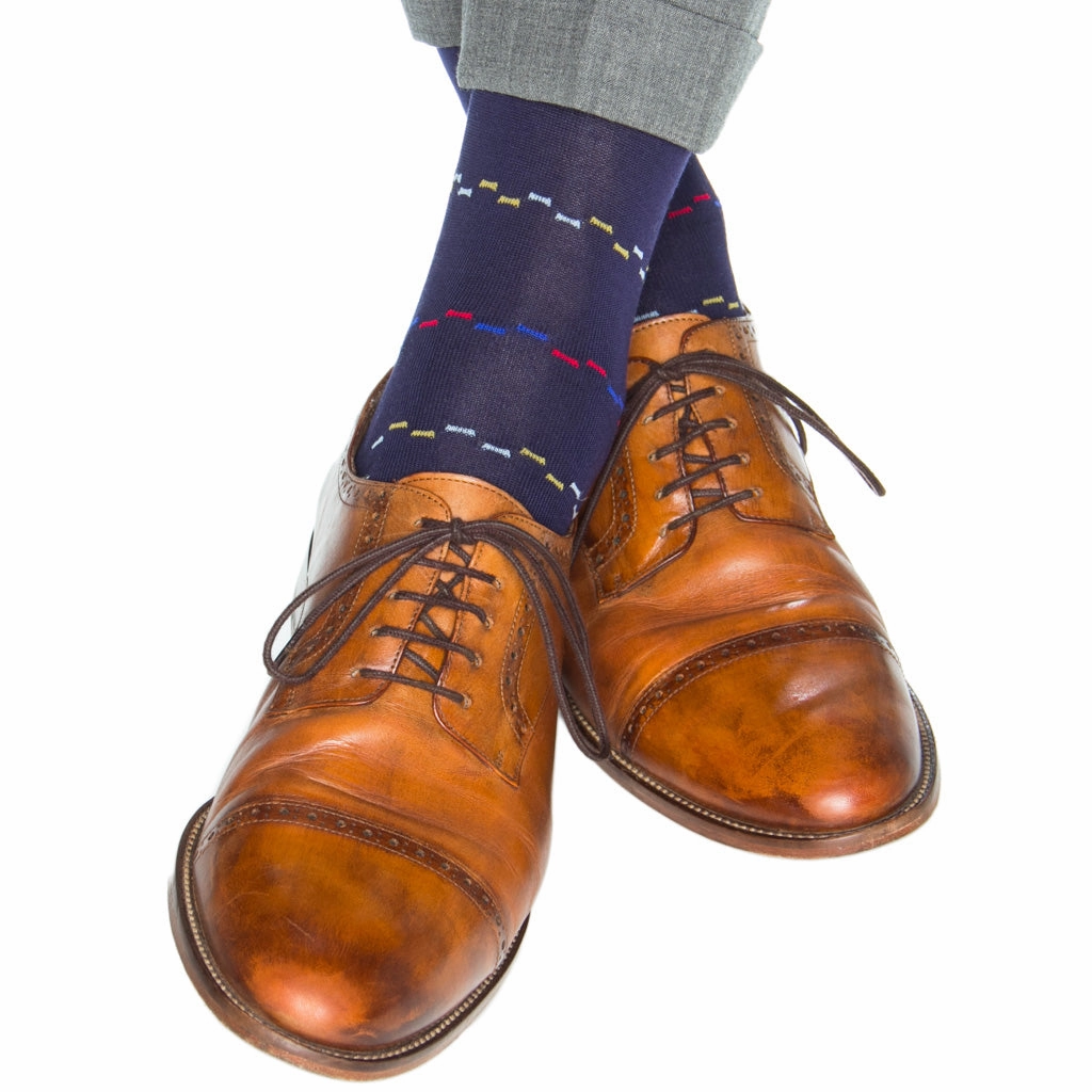 Cl. Navy with Sky blue, Yolk, Red and Clem. Blue Dash Cotton Sock Linked Toe OTC