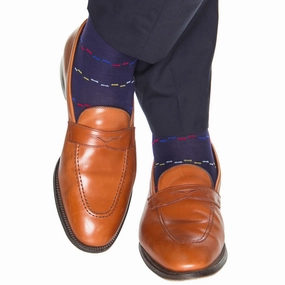 Cl. Navy with Sky blue, Yolk, Red and Clem. Blue Dash Cotton Sock Linked Toe OTC